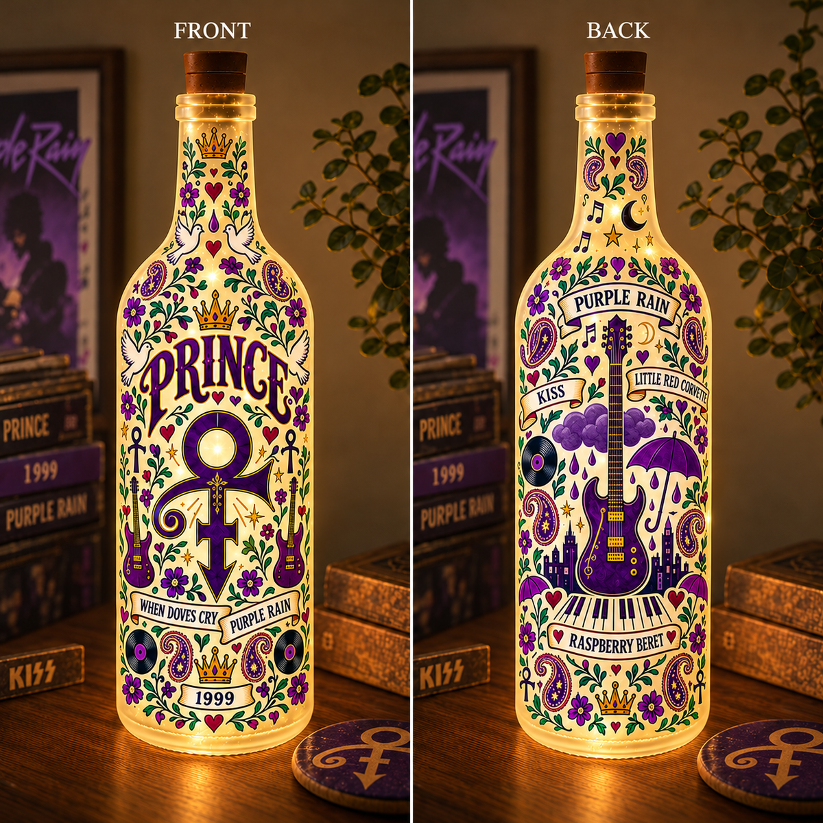 Prince Nordic Folk Art Bottle Lamp – Purple Rain Love Symbol Double-Sided LED Light, Scandinavian Floral Home Decor, Unique Gift for Prince Fans