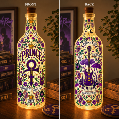 Prince Nordic Folk Art Bottle Lamp – Purple Rain Love Symbol Double-Sided LED Light, Scandinavian Floral Home Decor, Unique Gift for Prince Fans