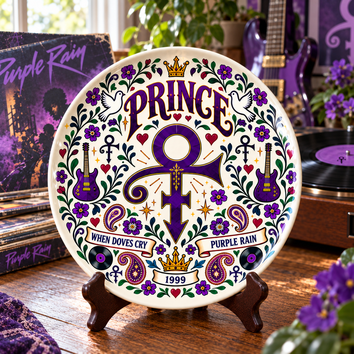 Prince Nordic Folk Art Decorative Ceramic Plate – Purple Rain Love Symbol, Scandinavian Style Home Decor, Unique Prince Fan Gift