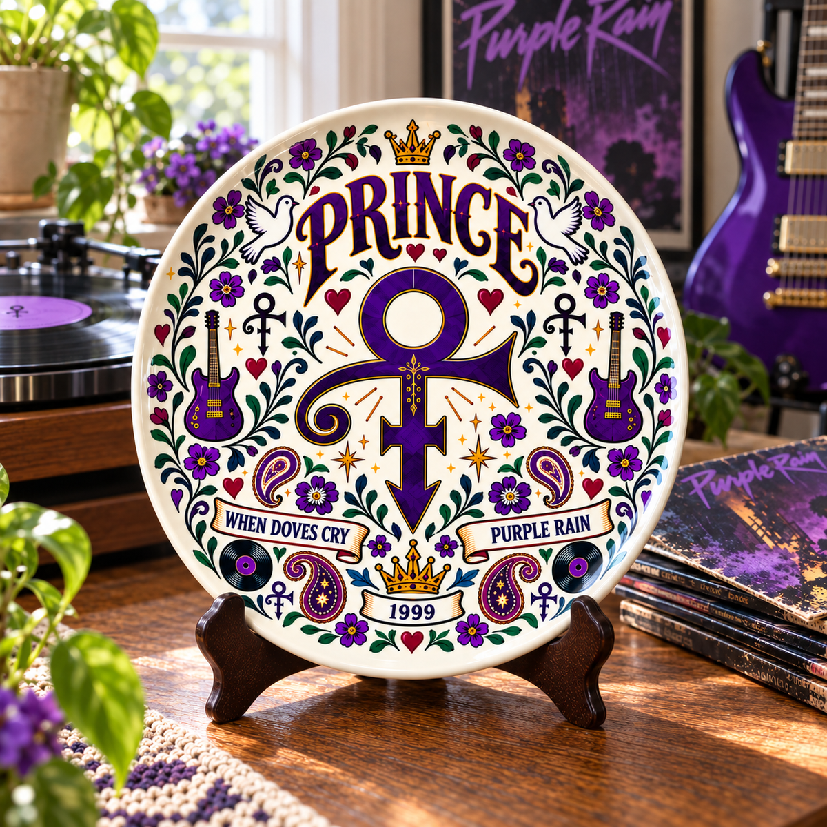 Prince Nordic Folk Art Decorative Ceramic Plate – Purple Rain Love Symbol, Scandinavian Style Home Decor, Unique Prince Fan Gift