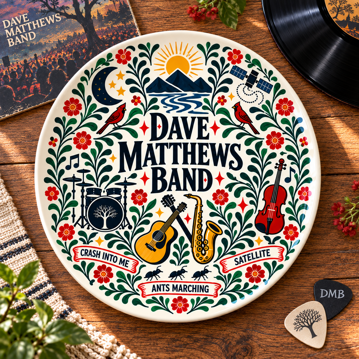 Dave Matthews Band Nordic Folk Art Decorative Ceramic Plate – DMB Music Collector's Plate, Scandinavian Style Home Decor, Unique Gift for Fans