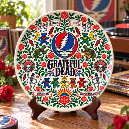 Grateful Dead Nordic Folk Art Decorative Ceramic Plate – Steal Your Face Skull, Dancing Bears, Scandinavian Style Home Decor, Unique Deadhead Gift