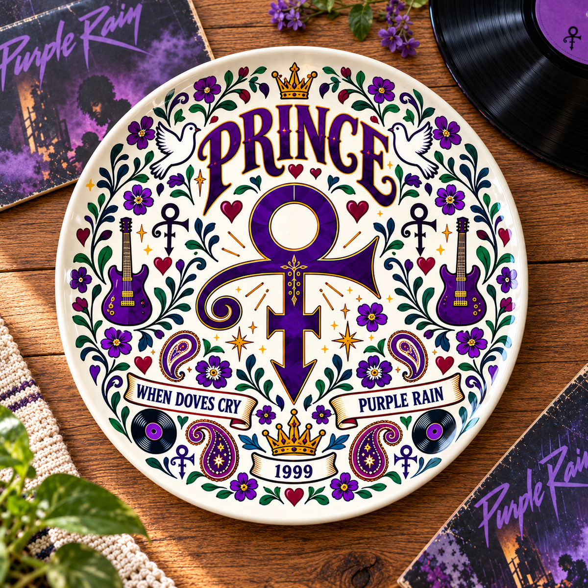 Prince Nordic Folk Art Decorative Ceramic Plate – Purple Rain Love Symbol, Scandinavian Style Home Decor, Unique Prince Fan Gift