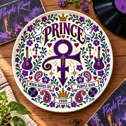 Prince Nordic Folk Art Decorative Ceramic Plate – Purple Rain Love Symbol, Scandinavian Style Home Decor, Unique Prince Fan Gift