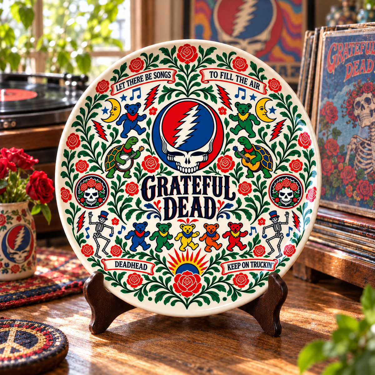 Grateful Dead Nordic Folk Art Decorative Ceramic Plate – Steal Your Face Skull, Dancing Bears, Scandinavian Style Home Decor, Unique Deadhead Gift