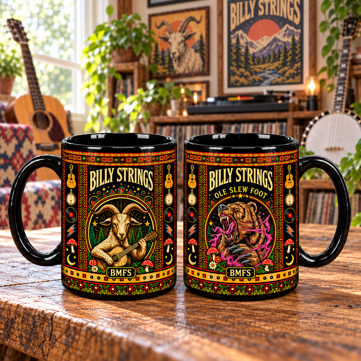 Billy Strings Bluegrass Mexican Folk Art Ceramic Coffee Mug - BMFS Goat & Bear Art Cup for Music Lovers Home Kitchen Decor