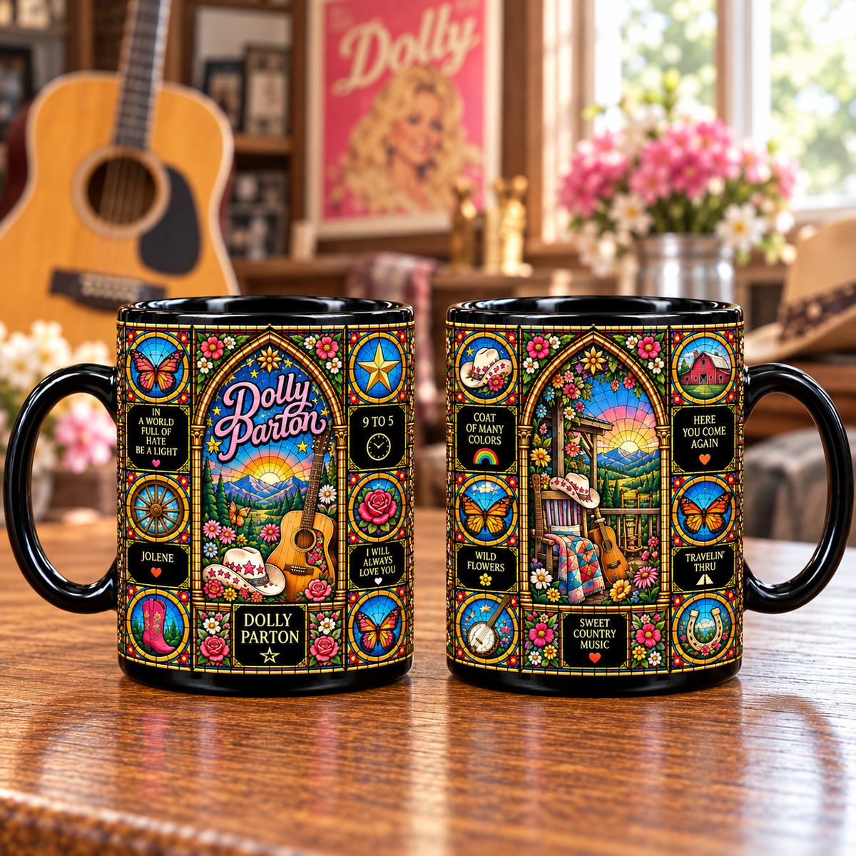 Dolly Parton Stained Glass Ceramic Coffee Mug - Butterfly & Cowboy Hat Cup - Country Music Legend Fan Unique Gift Idea