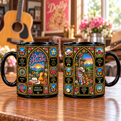 Dolly Parton Stained Glass Ceramic Coffee Mug - Butterfly & Cowboy Hat Cup - Country Music Legend Fan Unique Gift Idea