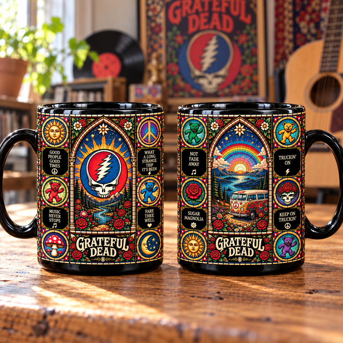 Grateful Dead Stained Glass Ceramic Coffee Mug - Stealie Skull & Dancing Bears Cup - Jam Band Music Fan Unique Gift Idea