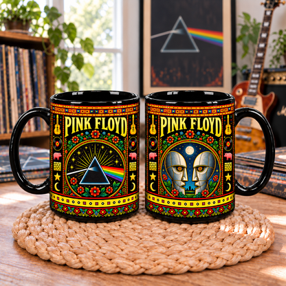 Pink Floyd Mexican Folk Art Ceramic Coffee Mug - The Division Bell Heads & Pink Pig Cup - Rock Music Fan Unique Gift Idea