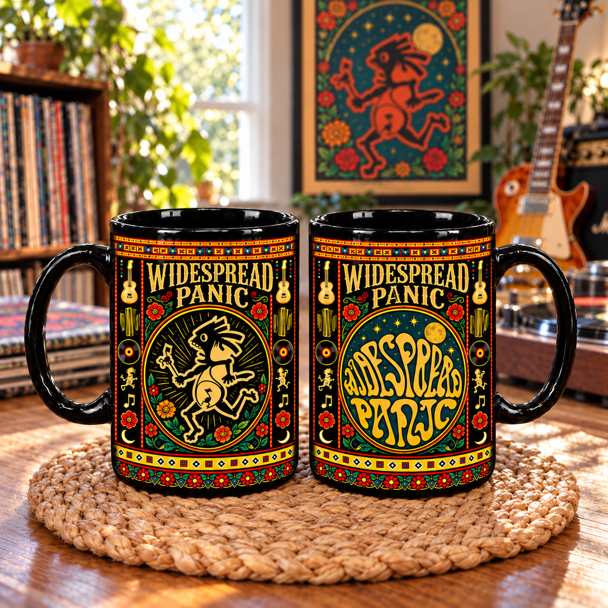 Widespread Panic Mexican Folk Art Ceramic Coffee Mug - Psychedelic Typography & Guitars Cup - Jam Band Music Fan Gift Idea
