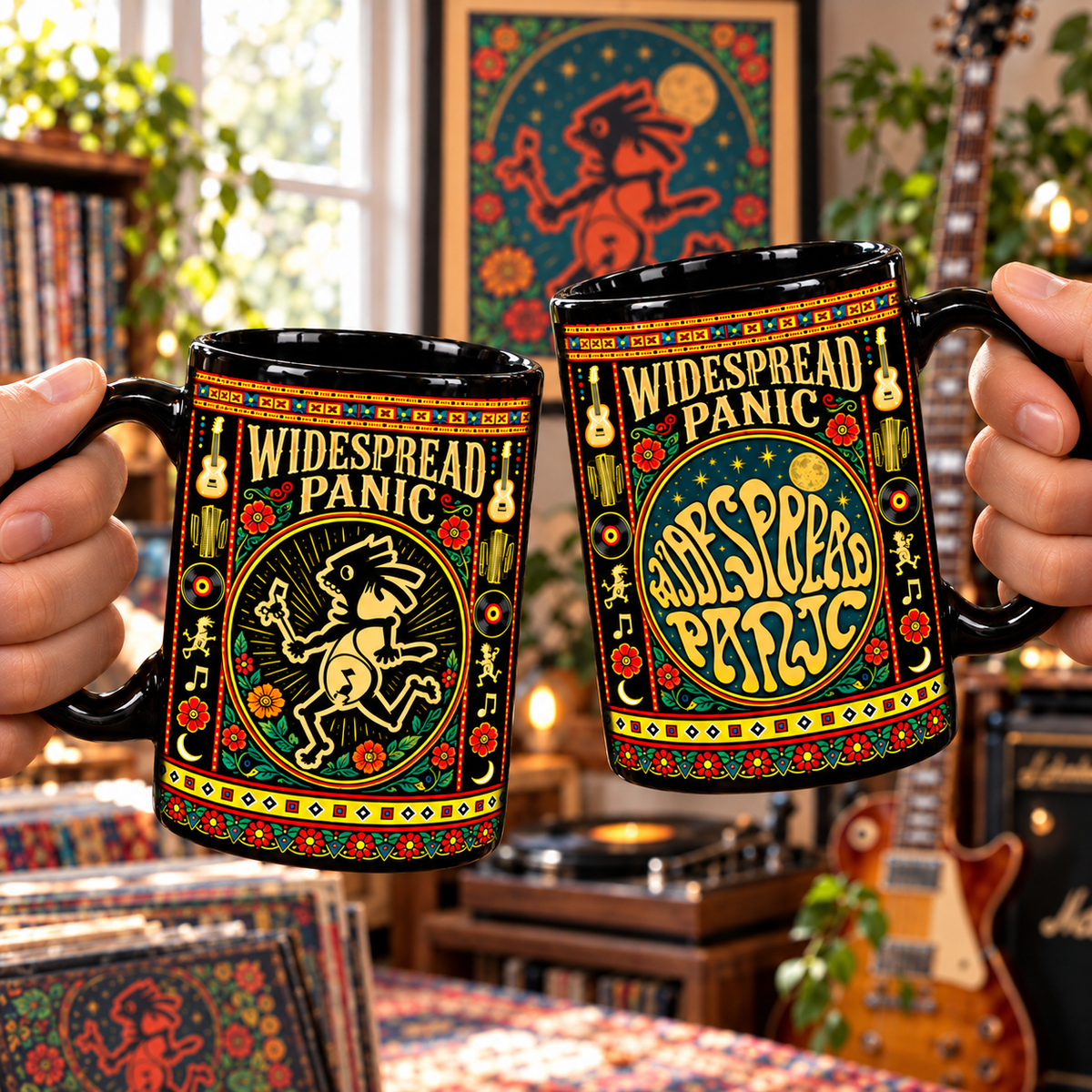 Widespread Panic Mexican Folk Art Ceramic Coffee Mug - Psychedelic Typography & Guitars Cup - Jam Band Music Fan Gift Idea