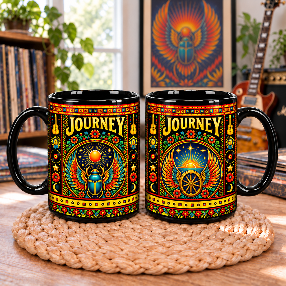 Journey Band Mexican Folk Art Ceramic Coffee Mug - Winged Wheel & Scarab Sunburst Cup - Classic Rock Fan Unique Gift Idea