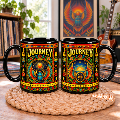 Journey Band Mexican Folk Art Ceramic Coffee Mug - Winged Wheel & Scarab Sunburst Cup - Classic Rock Fan Unique Gift Idea