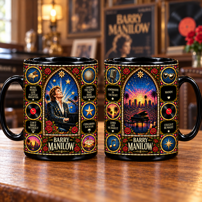 Barry Manilow Stained Glass Ceramic Coffee Mug - Copacabana & Piano Cup - Classic Pop Music Fan Unique Gift Idea