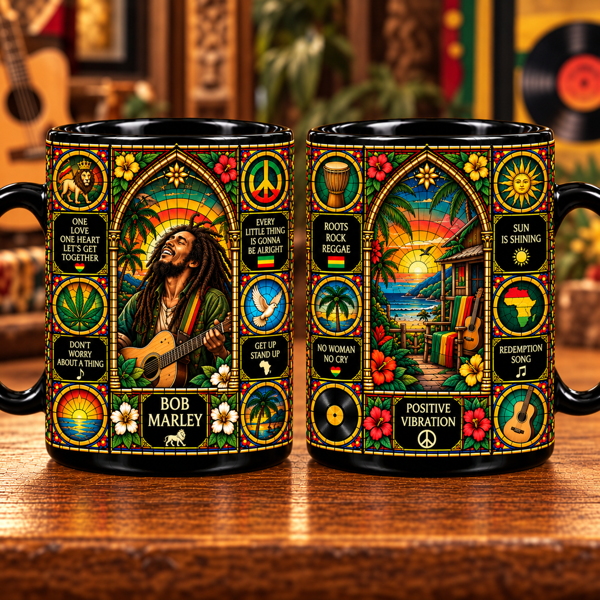 Bob Marley Reggae Stained Glass Ceramic Coffee Mug - Tropical Sunset & Guitar Cup - Reggae Music Fan Unique Gift Idea