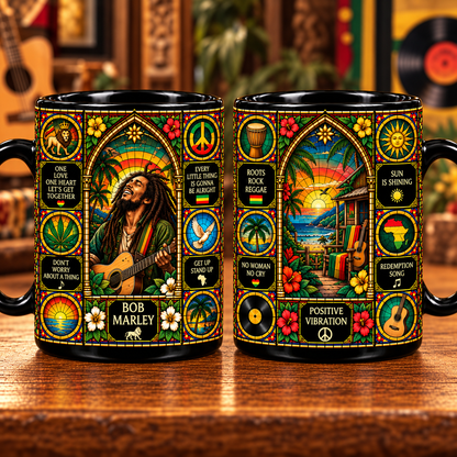 Bob Marley Reggae Stained Glass Ceramic Coffee Mug - Tropical Sunset & Guitar Cup - Reggae Music Fan Unique Gift Idea