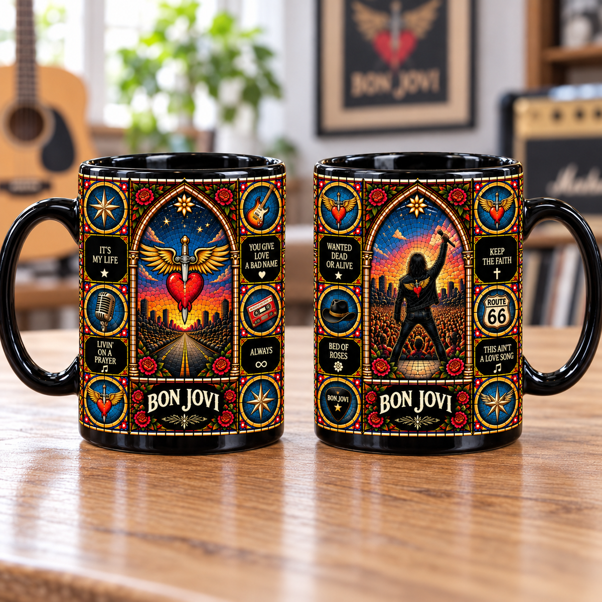 Bon Jovi Stained Glass Ceramic Coffee Mug - Heart Dagger & Cowboy Hat Cup - Glam Hard Rock Band Fan Unique Gift Idea