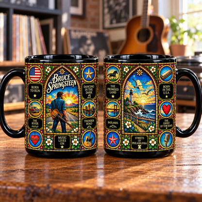 Bruce Springsteen Stained Glass Ceramic Coffee Mug - Born to Run & Guitar Cup - Heartland Rock Band Fan Unique Gift Idea