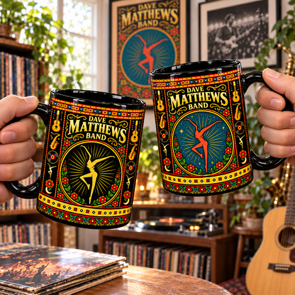 Dave Matthews Band Mexican Folk Art Ceramic Coffee Mug - Fire Dancer & Acoustic Guitar Cup - Jam Rock Fan Unique Gift Idea