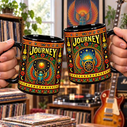 Journey Band Mexican Folk Art Ceramic Coffee Mug - Winged Wheel & Scarab Sunburst Cup - Classic Rock Fan Unique Gift Idea