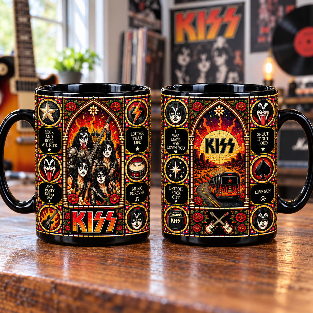 KISS Stained Glass Ceramic Coffee Mug - Face Paint & Tour Bus Cup - Glam Hard Rock Band Music Fan Unique Gift Idea