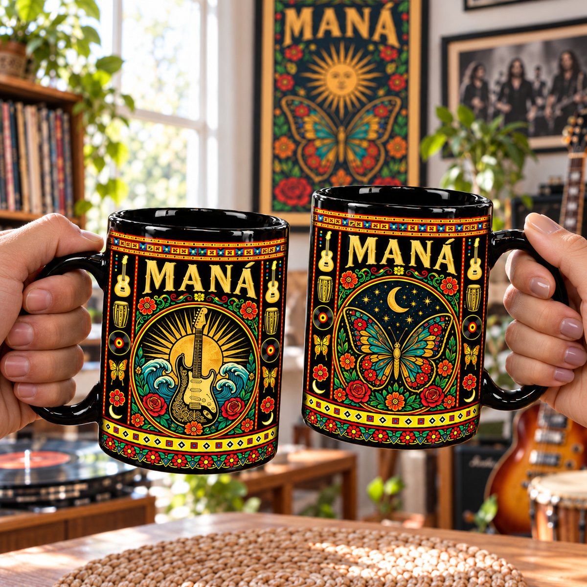 Maná Rock Band Mexican Folk Art Ceramic Coffee Mug - Guitar & Waves Sunburst Art Cup for Music Lovers Home Kitchen Decor