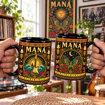 Maná Rock Band Mexican Folk Art Ceramic Coffee Mug - Guitar & Waves Sunburst Art Cup for Music Lovers Home Kitchen Decor