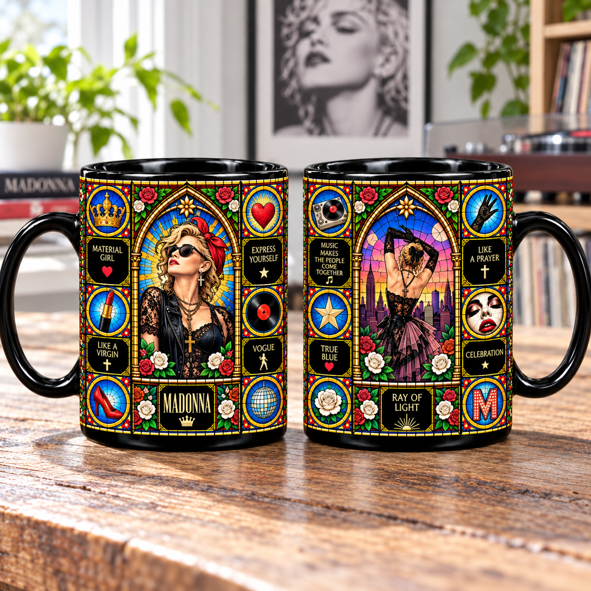 Madonna Stained Glass Ceramic Coffee Mug - Queen of Pop & Lace Dress Cup - Pop Music Legend Fan Unique Gift Idea