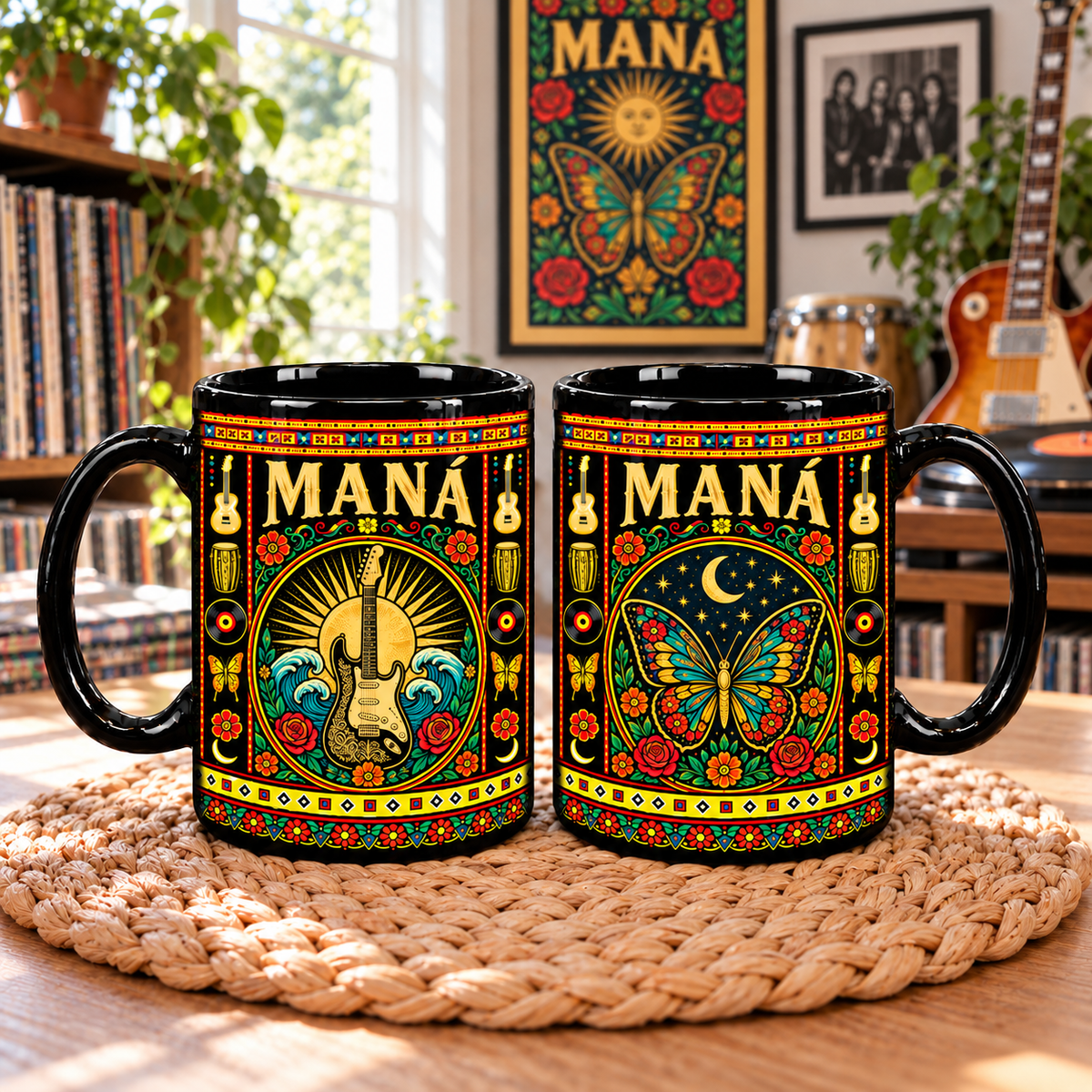 Maná Rock Band Mexican Folk Art Ceramic Coffee Mug - Guitar & Waves Sunburst Art Cup for Music Lovers Home Kitchen Decor