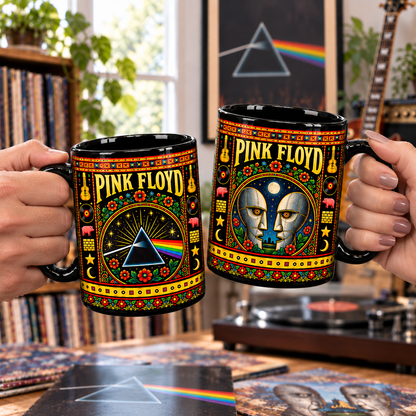 Pink Floyd Mexican Folk Art Ceramic Coffee Mug - The Division Bell Heads & Pink Pig Cup - Rock Music Fan Unique Gift Idea