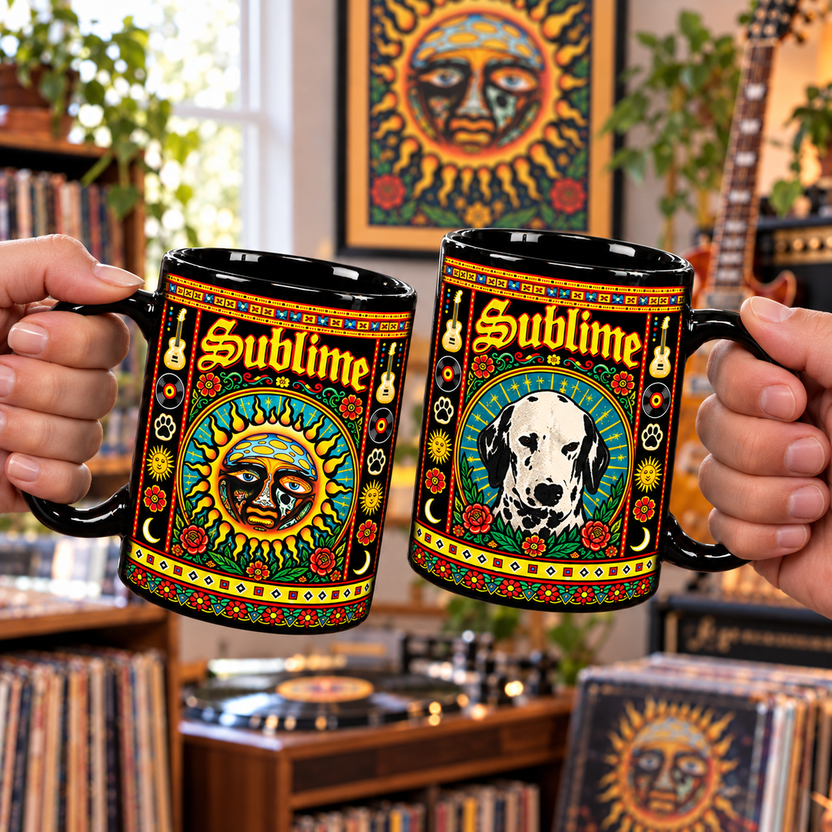 Sublime Band Mexican Folk Art Ceramic Coffee Mug - Sun Mascot & Acoustic Guitar Cup - Ska Punk Music Fan Unique Gift Idea