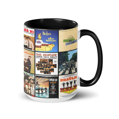 The Beatles Black Two-Tone Accent Coffee Mug - Classic Rock Band Album Covers Collage Mug