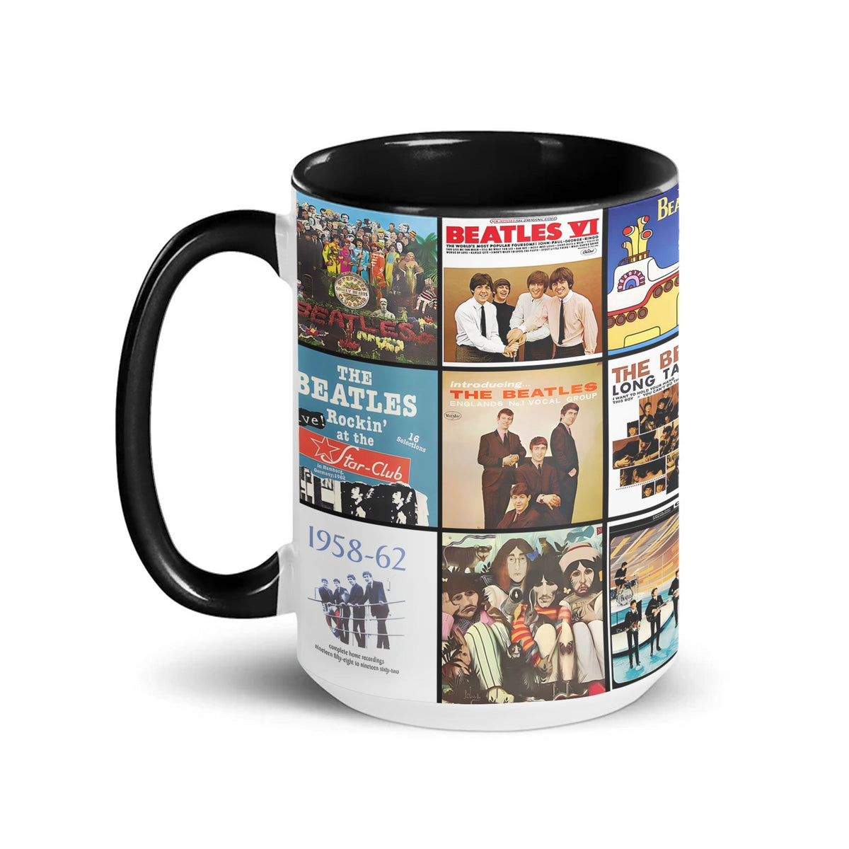 The Beatles Black Two-Tone Accent Coffee Mug - Classic Rock Band Album Covers Collage Mug