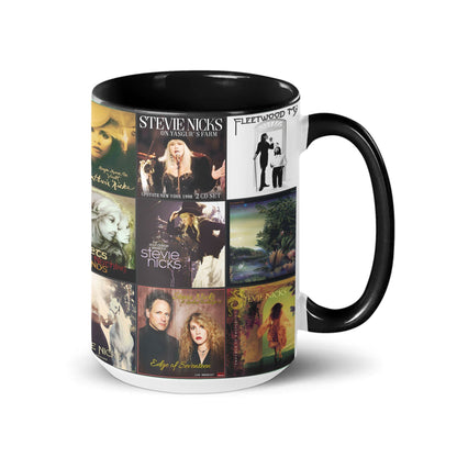 Stevie Nicks Black Two-Tone Accent Coffee Mug - Classic Band Album Covers Collage Mug