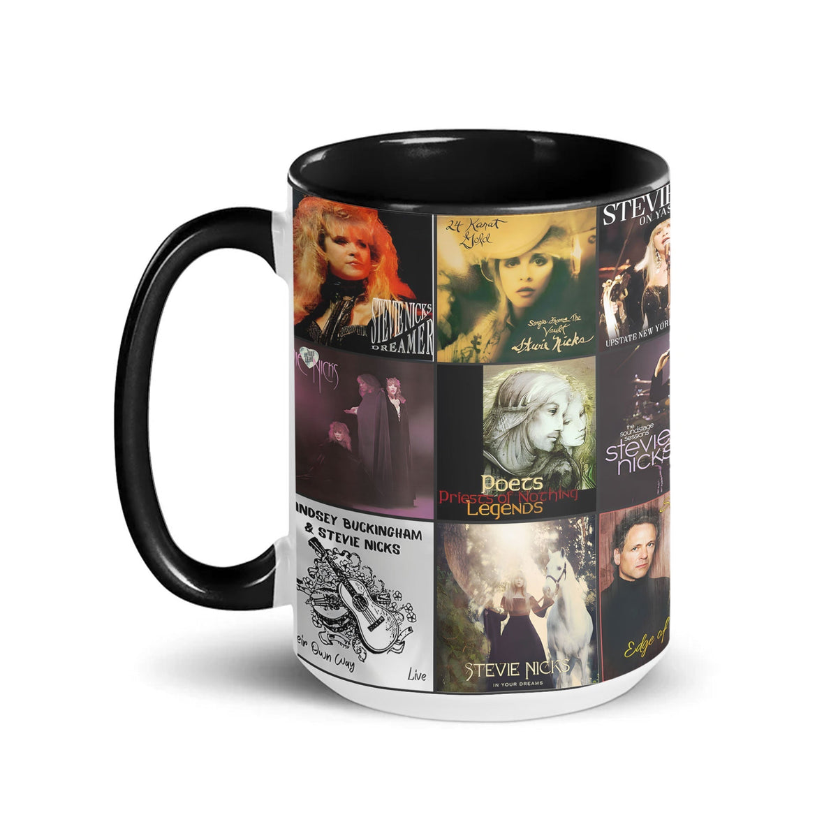 Stevie Nicks Black Two-Tone Accent Coffee Mug - Classic Band Album Covers Collage Mug