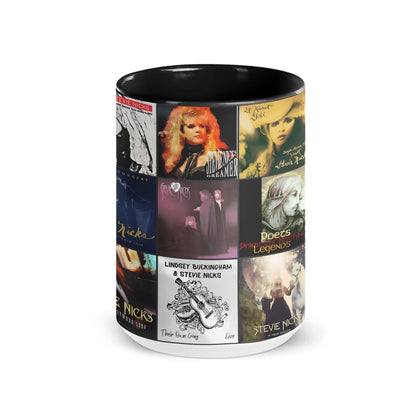 Stevie Nicks Black Two-Tone Accent Coffee Mug - Classic Band Album Covers Collage Mug