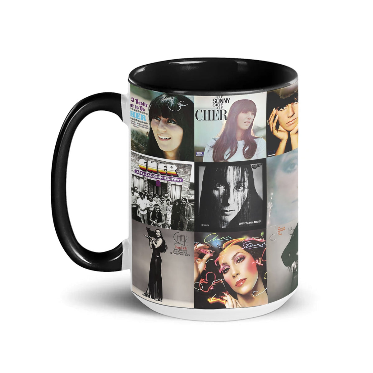 Cher Black Two-Tone Accent Coffee Mug - Classic Rock Band Album Covers Collage Mug