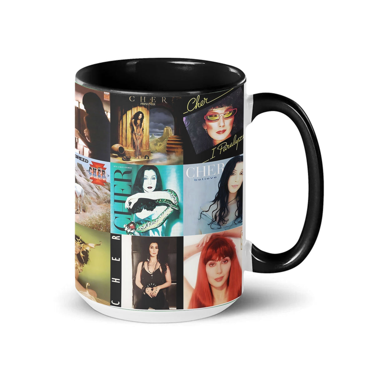 Cher Black Two-Tone Accent Coffee Mug - Classic Rock Band Album Covers Collage Mug