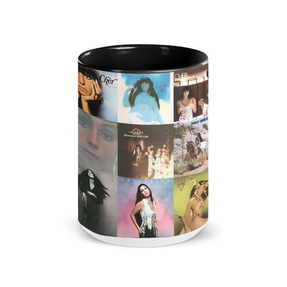 Cher Black Two-Tone Accent Coffee Mug - Classic Rock Band Album Covers Collage Mug