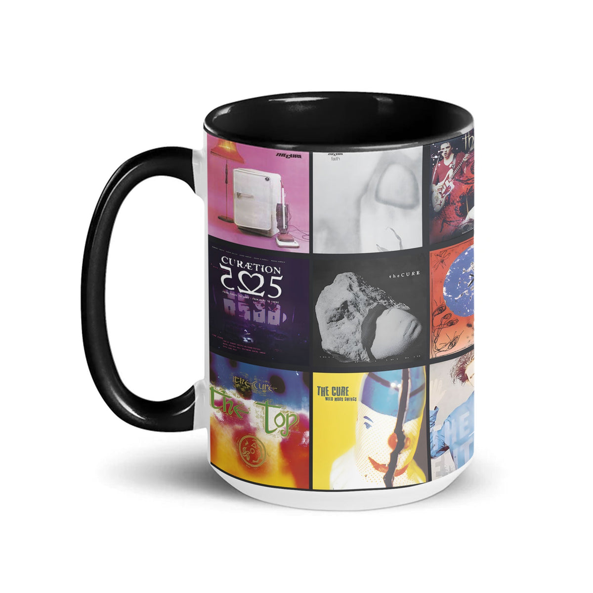 The Cure Black Two-Tone Accent Coffee Mug - Classic Rock Band Album Covers Collage Mug