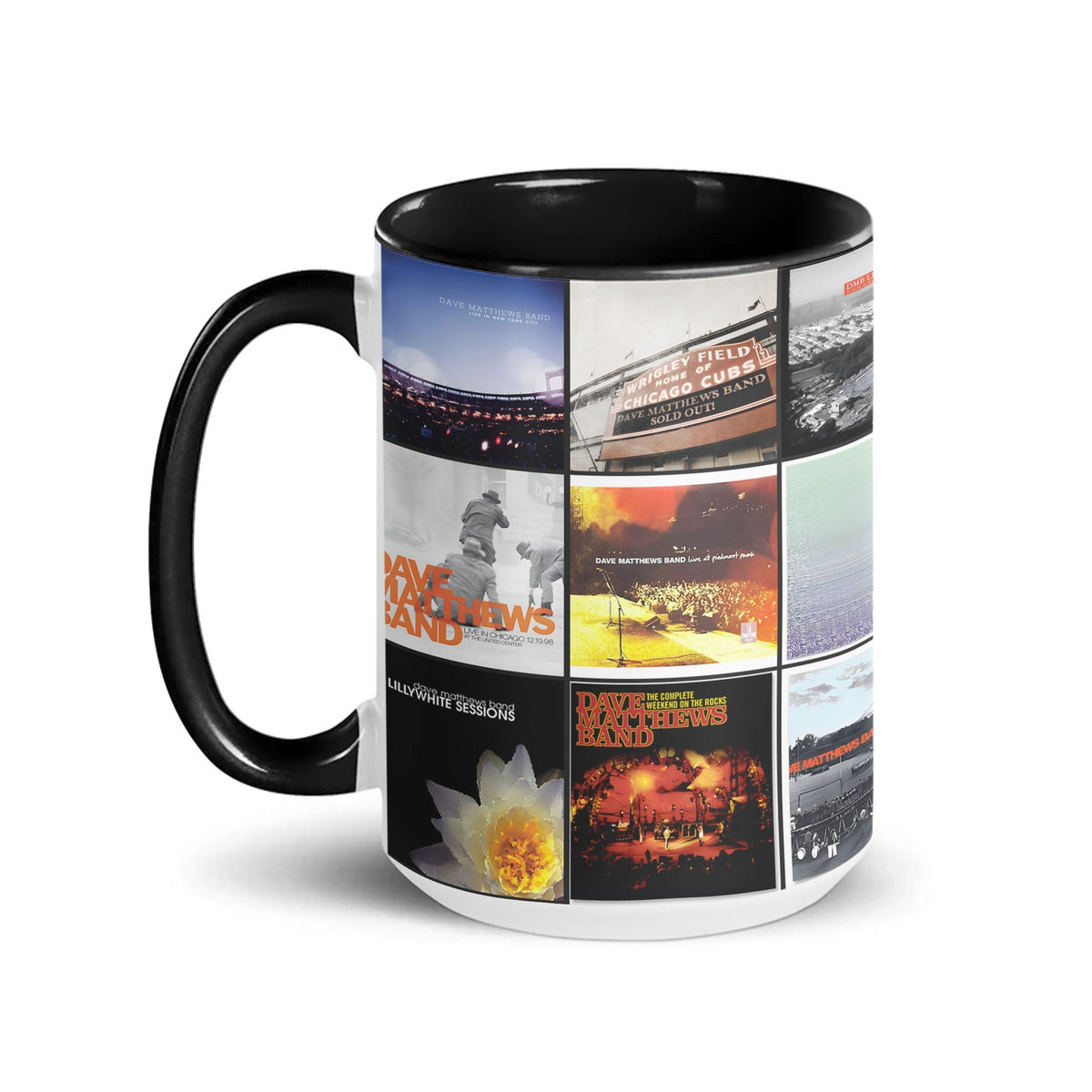 Dave Matthews Band Black Two-Tone Accent Coffee Mug - Classic Rock Band Album Covers Collage Mug
