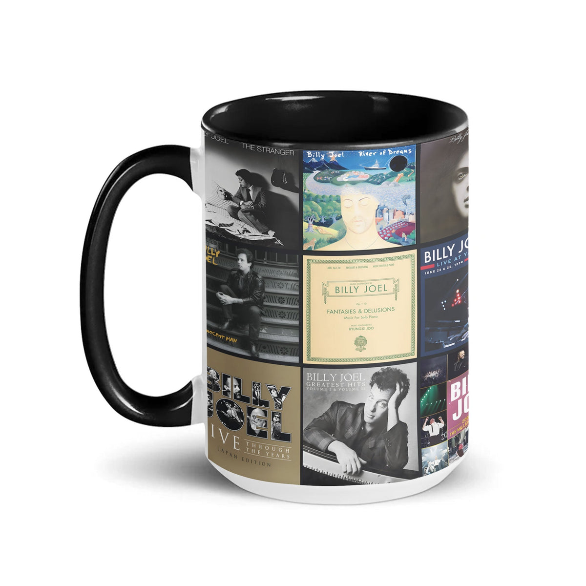 Billy Joel Black Two-Tone Accent Coffee Mug - Classic Rock Band Album Covers Collage Mug