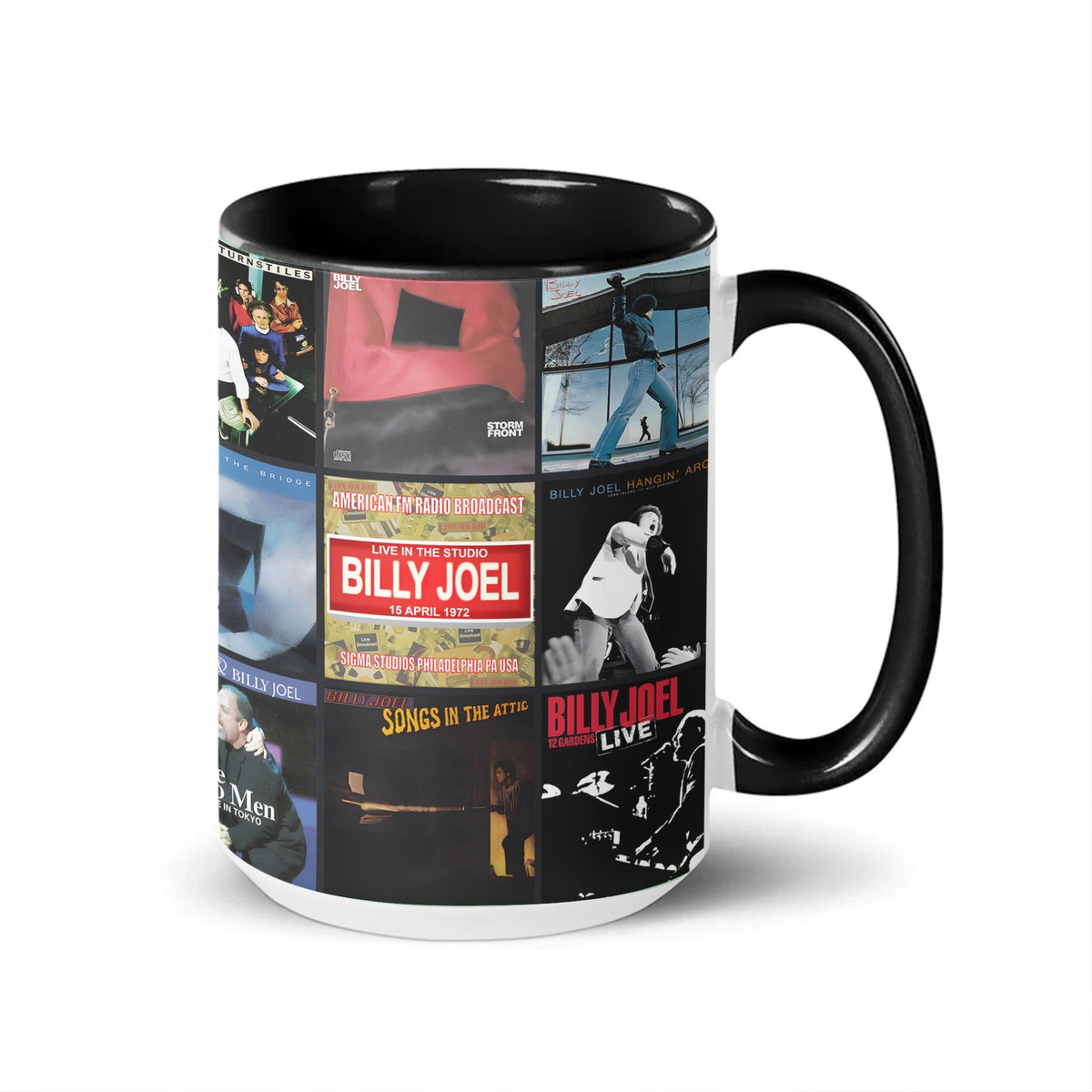 Billy Joel Black Two-Tone Accent Coffee Mug - Classic Rock Band Album Covers Collage Mug