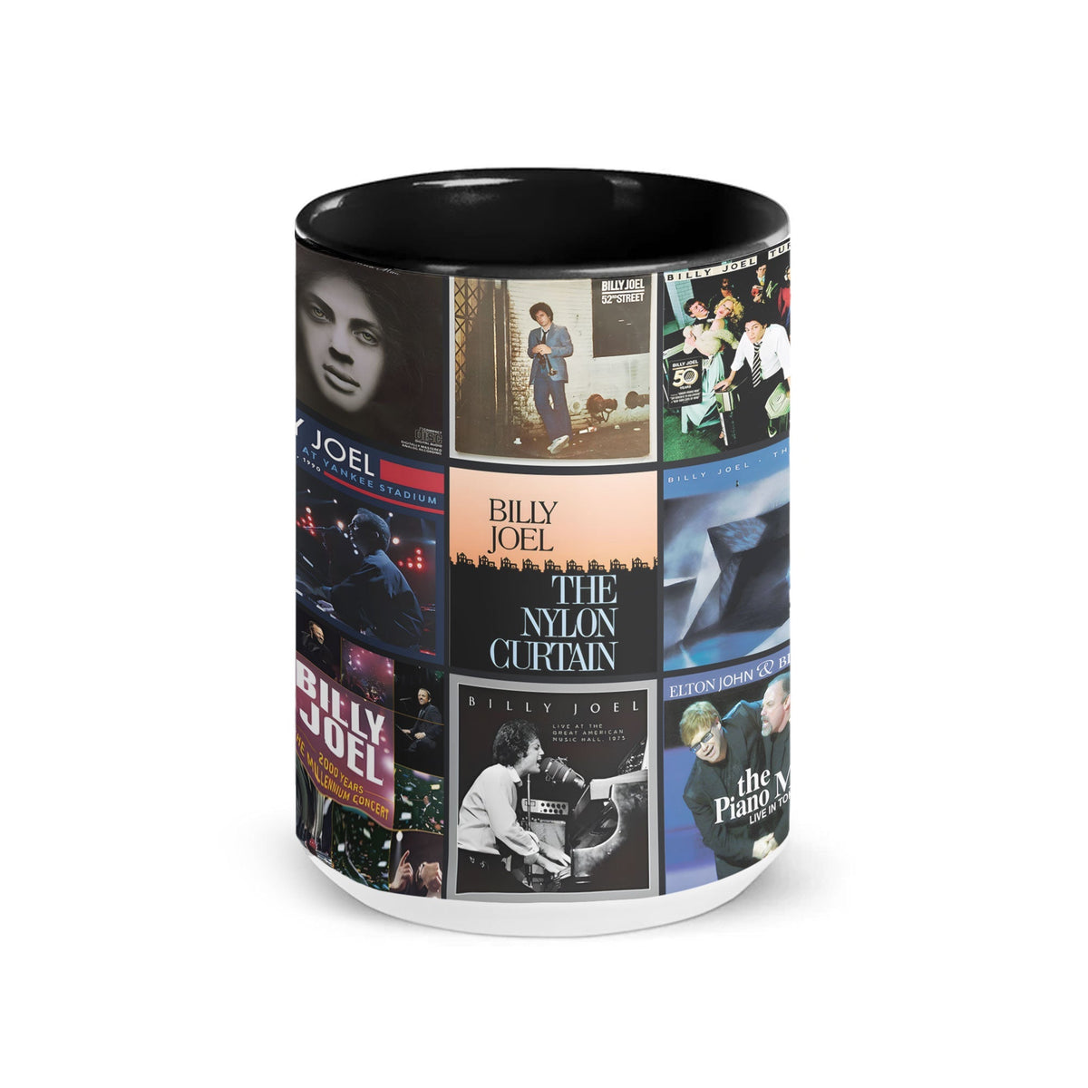 Billy Joel Black Two-Tone Accent Coffee Mug - Classic Rock Band Album Covers Collage Mug