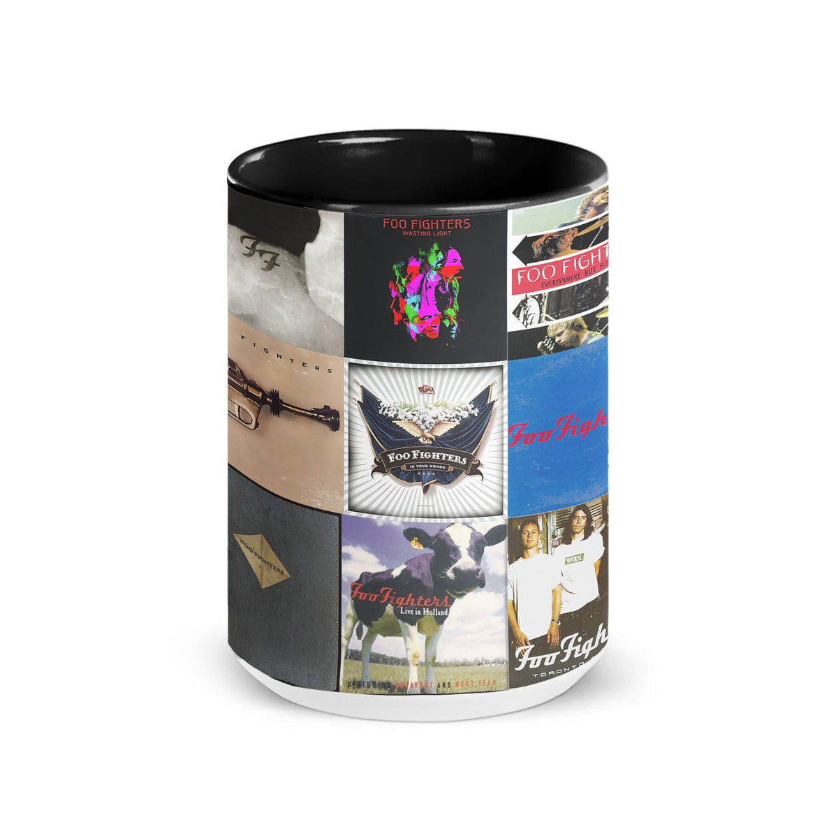 Foo Fighters Black Two-Tone Accent Coffee Mug - Classic Rock Band Album Covers Collage Mug