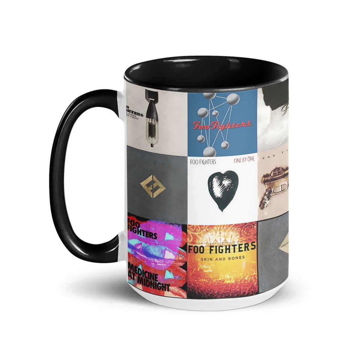 Foo Fighters Black Two-Tone Accent Coffee Mug - Classic Rock Band Album Covers Collage Mug