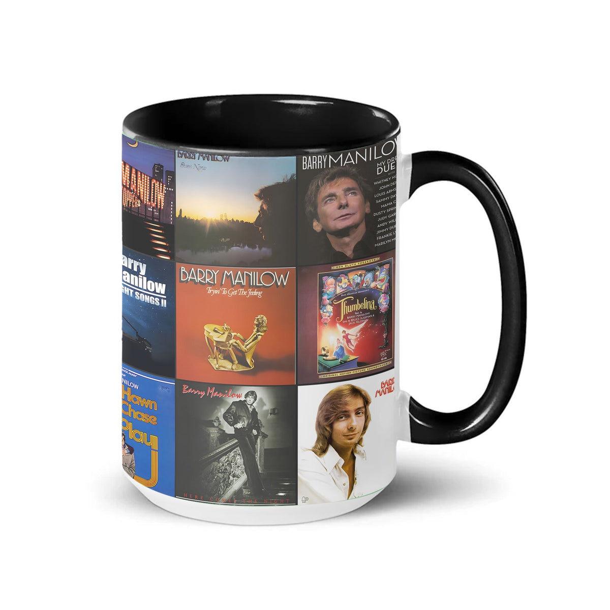 Barry Manilow Black Two-Tone Accent Coffee Mug - Classic Rock Band Album Covers Collage Mug