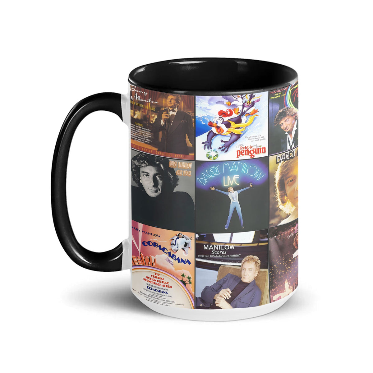 Barry Manilow Black Two-Tone Accent Coffee Mug - Classic Rock Band Album Covers Collage Mug