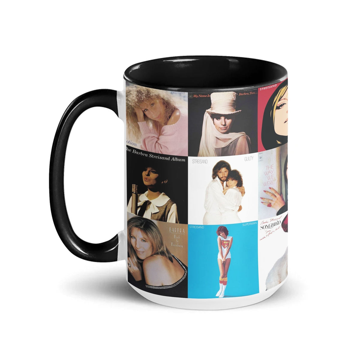 Barbra Streisand Black Two-Tone Accent Coffee Mug - Classic Rock Band Album Covers Collage Mug